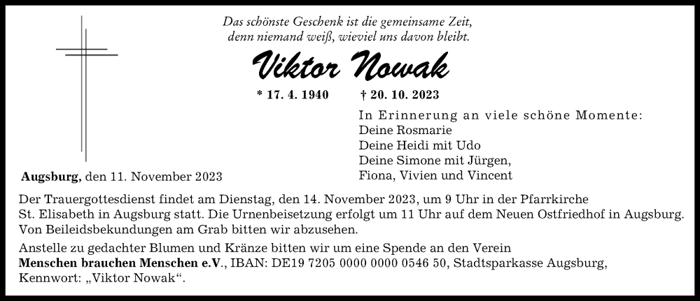 Traueranzeige von Viktor Nowak von Augsburger Allgemeine