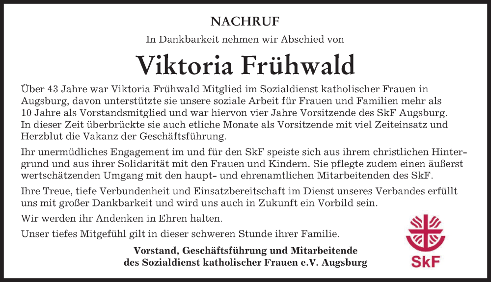  Traueranzeige für Viktoria Frühwald vom 28.11.2023 aus Augsburger Allgemeine