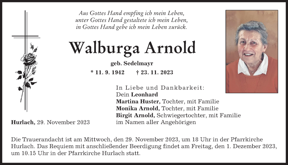  Traueranzeige für Walburga Arnold vom 28.11.2023 aus Landsberger Tagblatt