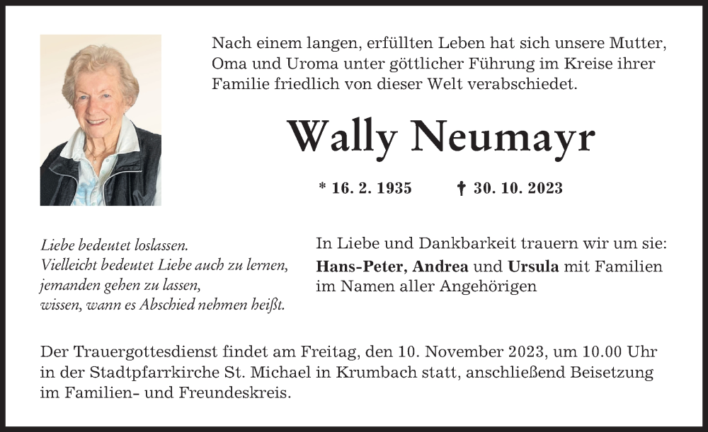 Traueranzeige von Wally Neumayr von Mittelschwäbische Nachrichten