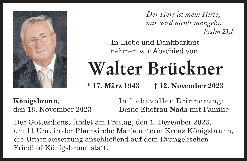 Traueranzeige von Walter Brückner von Augsburger Allgemeine