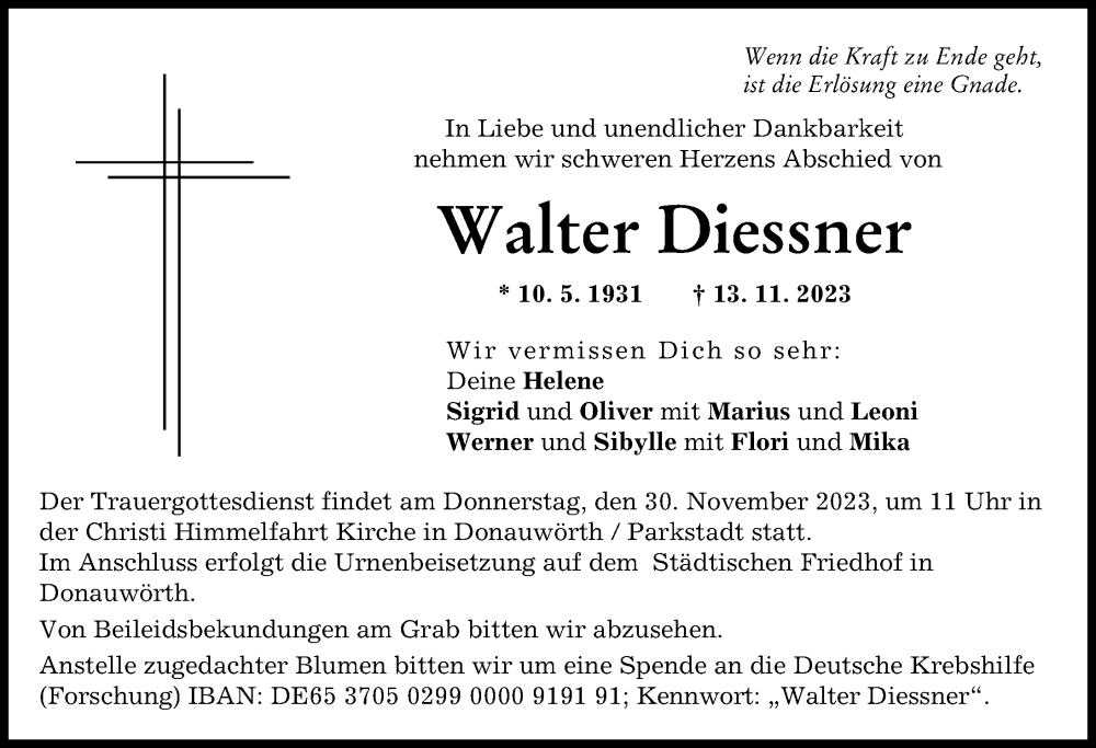 Traueranzeige von Walter Diessner von Donauwörther Zeitung