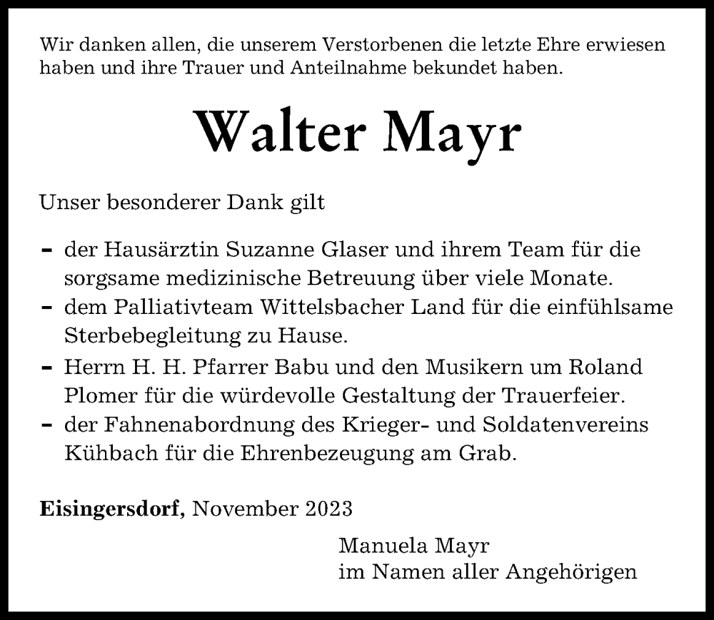 Traueranzeige von Walter Mayr von Friedberger Allgemeine, Aichacher Nachrichten, Augsburger Allgemeine