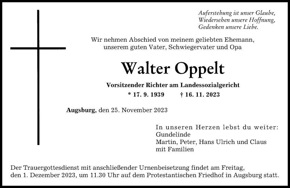  Traueranzeige für Walter Oppelt vom 25.11.2023 aus Augsburger Allgemeine