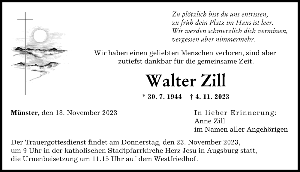  Traueranzeige für Walter Zill vom 18.11.2023 aus Augsburger Allgemeine