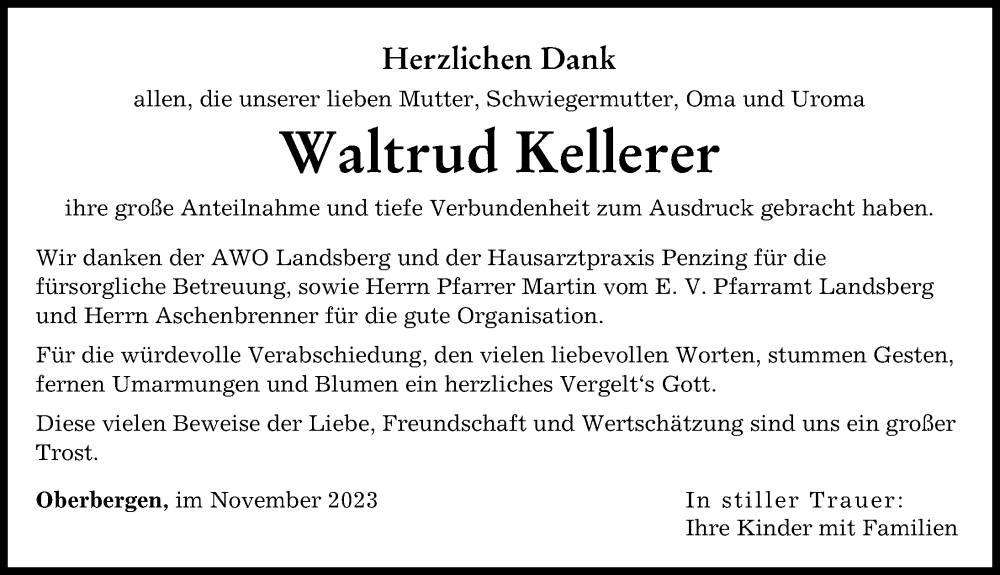 Traueranzeige von Waltrud Kellerer von Landsberger Tagblatt