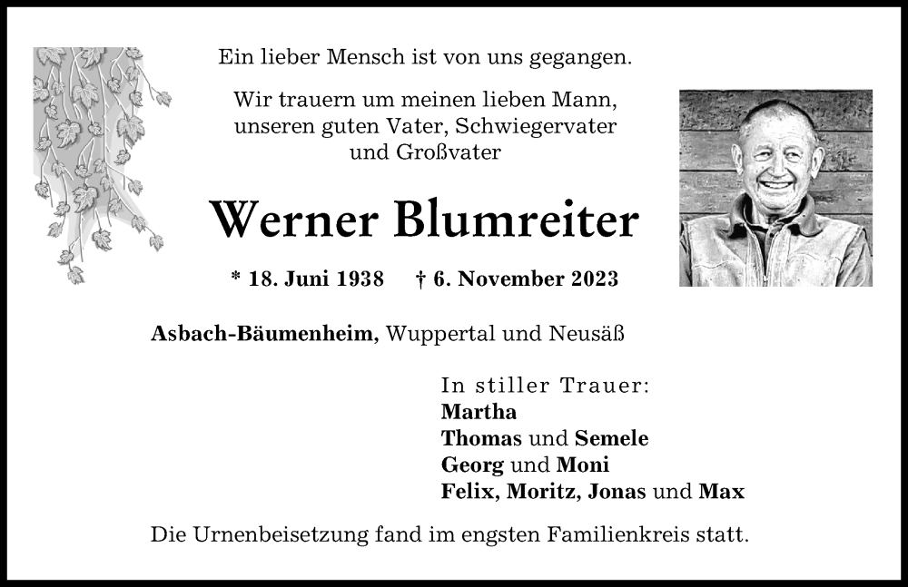  Traueranzeige für Werner Blumreiter vom 29.11.2023 aus Donauwörther Zeitung
