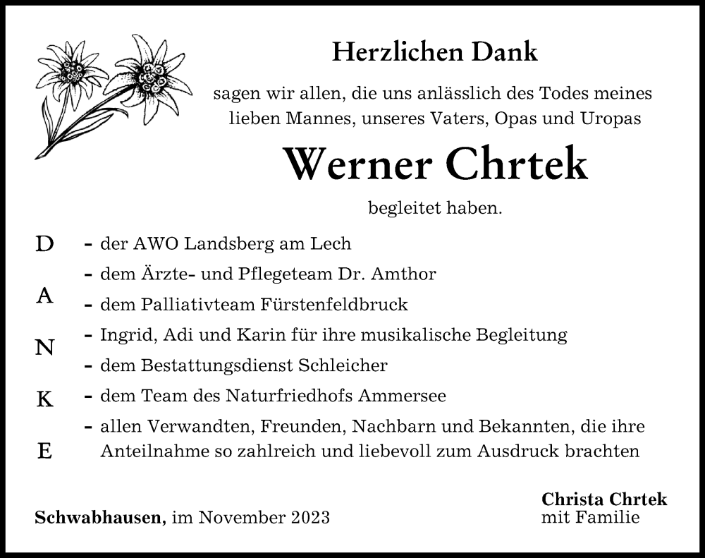 Traueranzeige für Werner Chrtek vom 11.11.2023 aus Landsberger Tagblatt