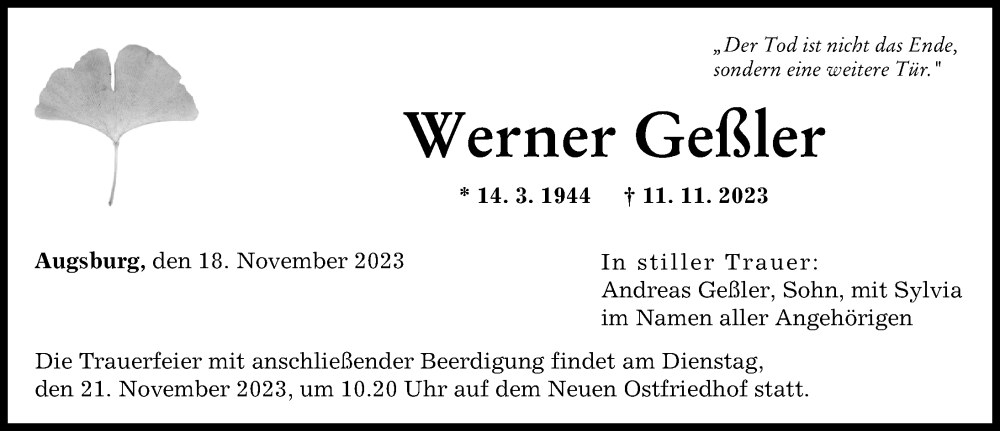 Traueranzeige von Werner Geßler von Augsburger Allgemeine