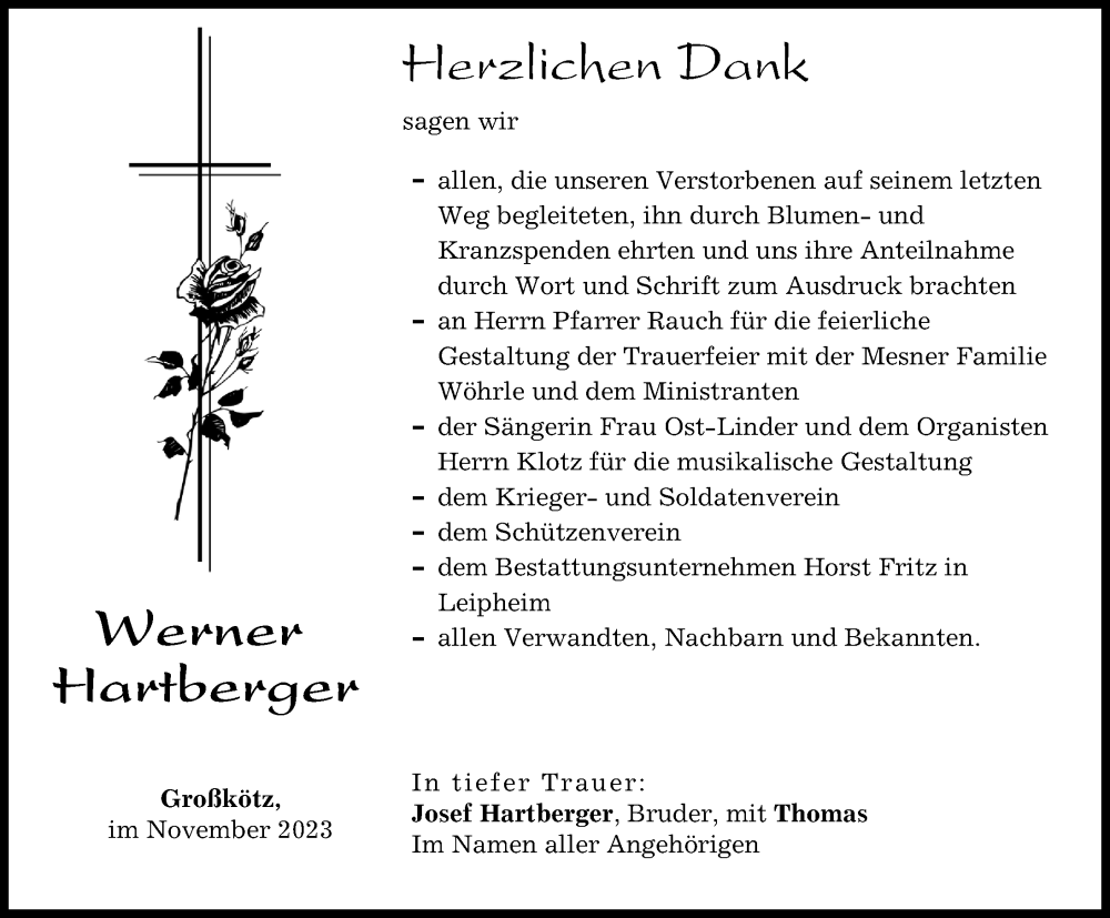  Traueranzeige für Werner Hartberger vom 30.11.2023 aus Günzburger Zeitung