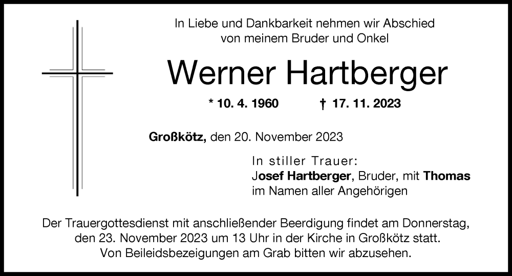  Traueranzeige für Werner Hartberger vom 20.11.2023 aus Günzburger Zeitung