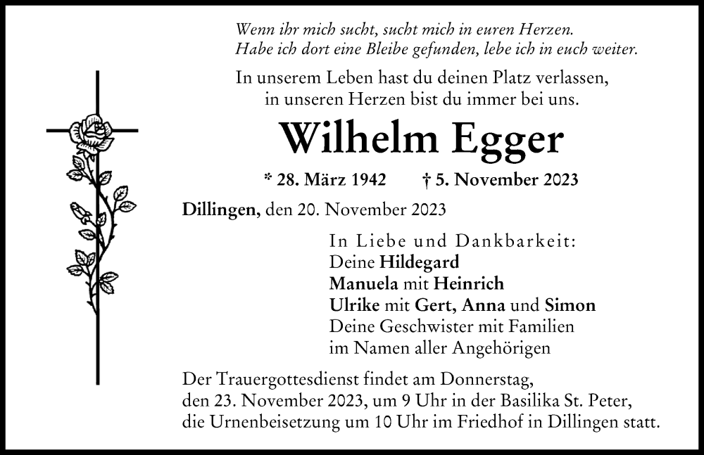 Traueranzeige von Wilhelm Egger von Wertinger Zeitung, Donau Zeitung