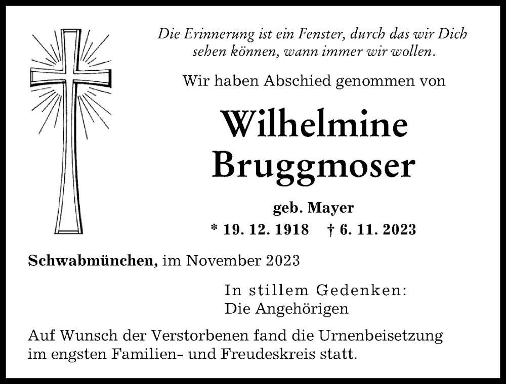  Traueranzeige für Wilhelmine Bruggmoser vom 25.11.2023 aus Schwabmünchner Allgemeine