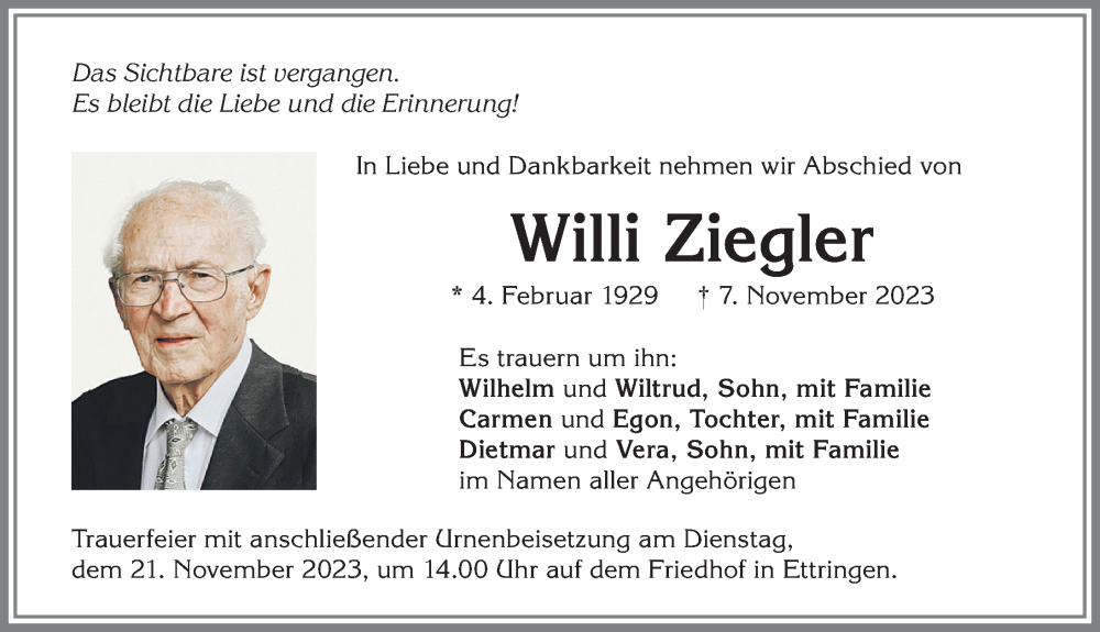 Traueranzeige von Willi Ziegler von Mindelheimer Zeitung