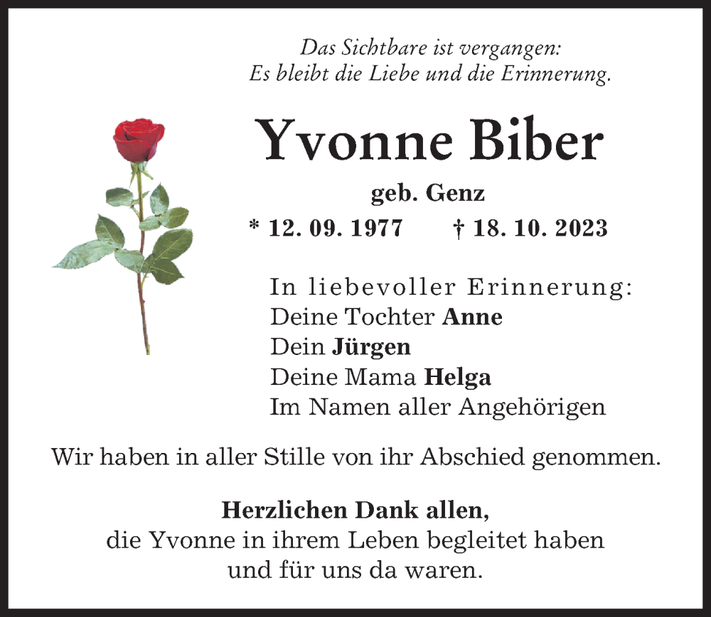  Traueranzeige für Yvonne Biber vom 11.11.2023 aus Donau Zeitung
