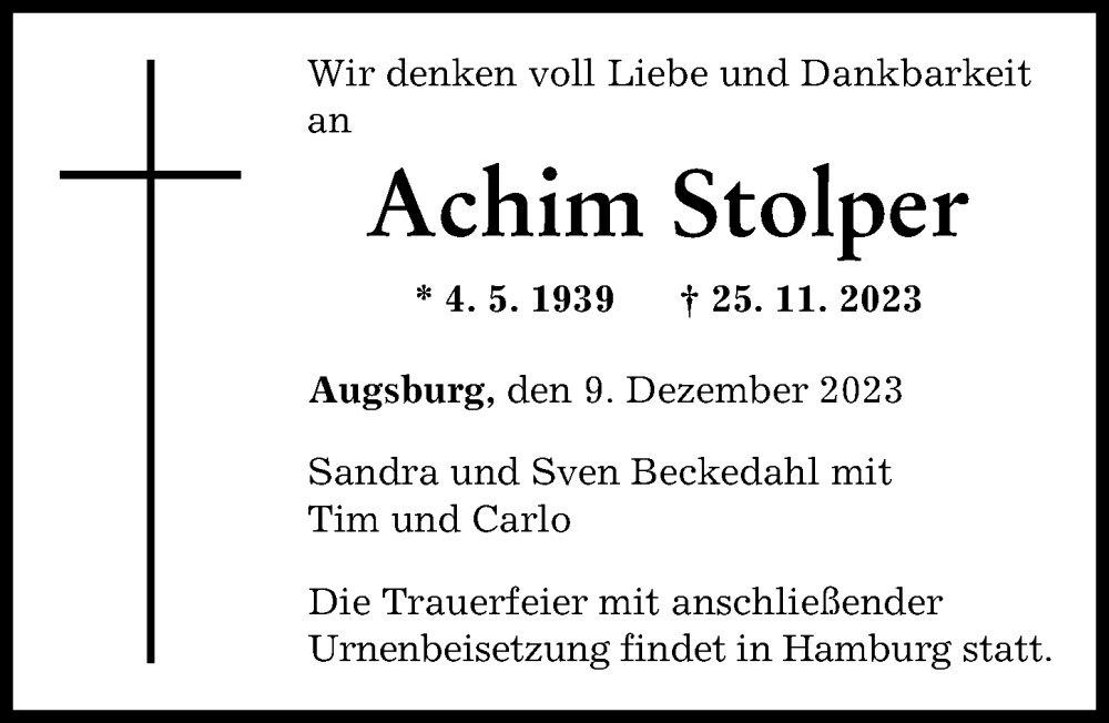  Traueranzeige für Achim Stolper vom 09.12.2023 aus Augsburger Allgemeine