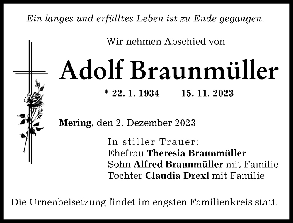  Traueranzeige für Adolf Braunmüller vom 02.12.2023 aus Friedberger Allgemeine