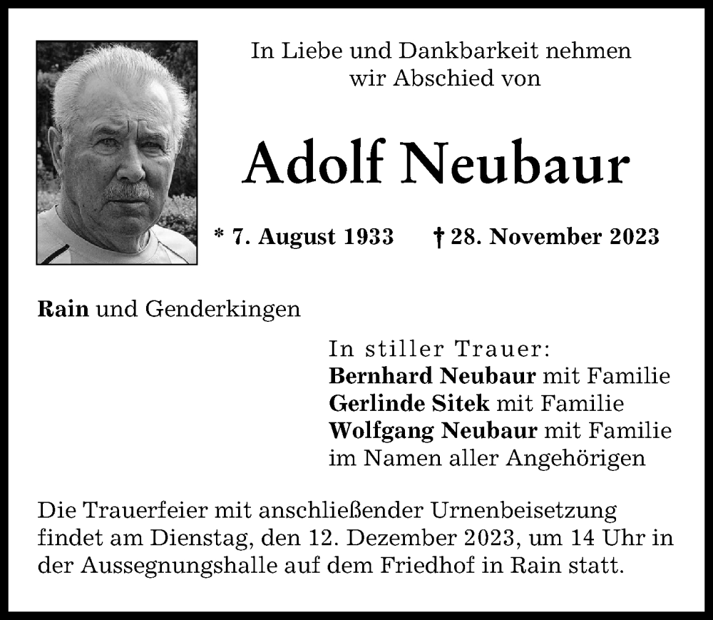  Traueranzeige für Adolf Neubaur vom 08.12.2023 aus Donauwörther Zeitung