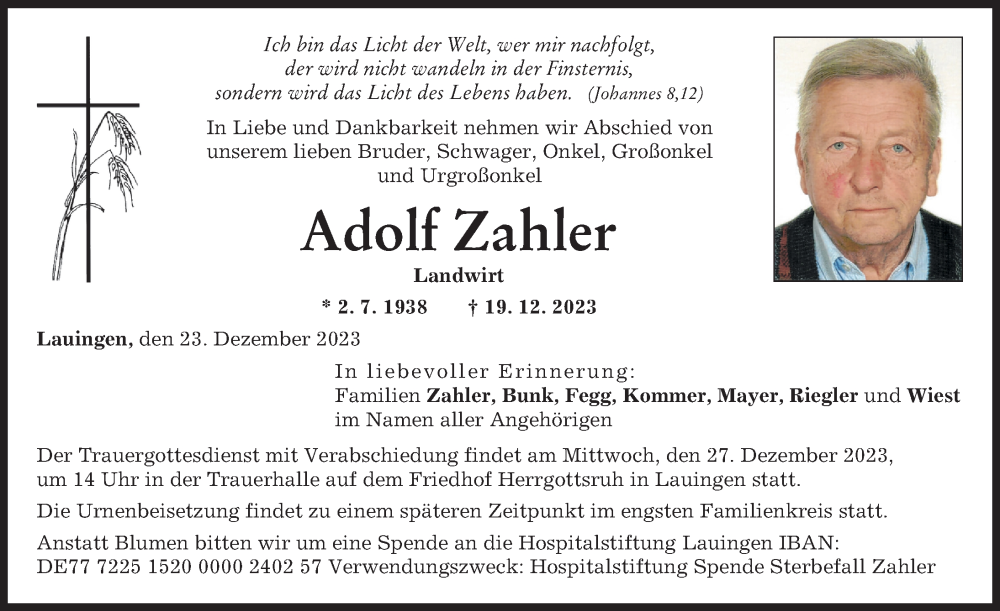 Traueranzeige von Adolf Zahler von Donau Zeitung