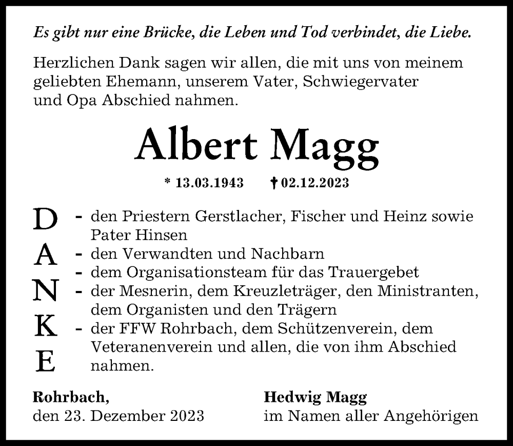 Traueranzeige für Albert Magg vom 23.12.2023 aus Friedberger Allgemeine