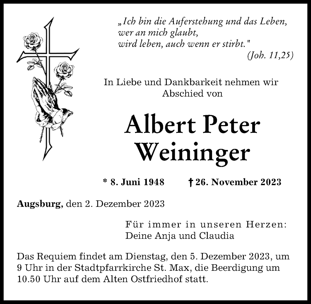  Traueranzeige für Albert Peter Weininger vom 02.12.2023 aus Augsburger Allgemeine