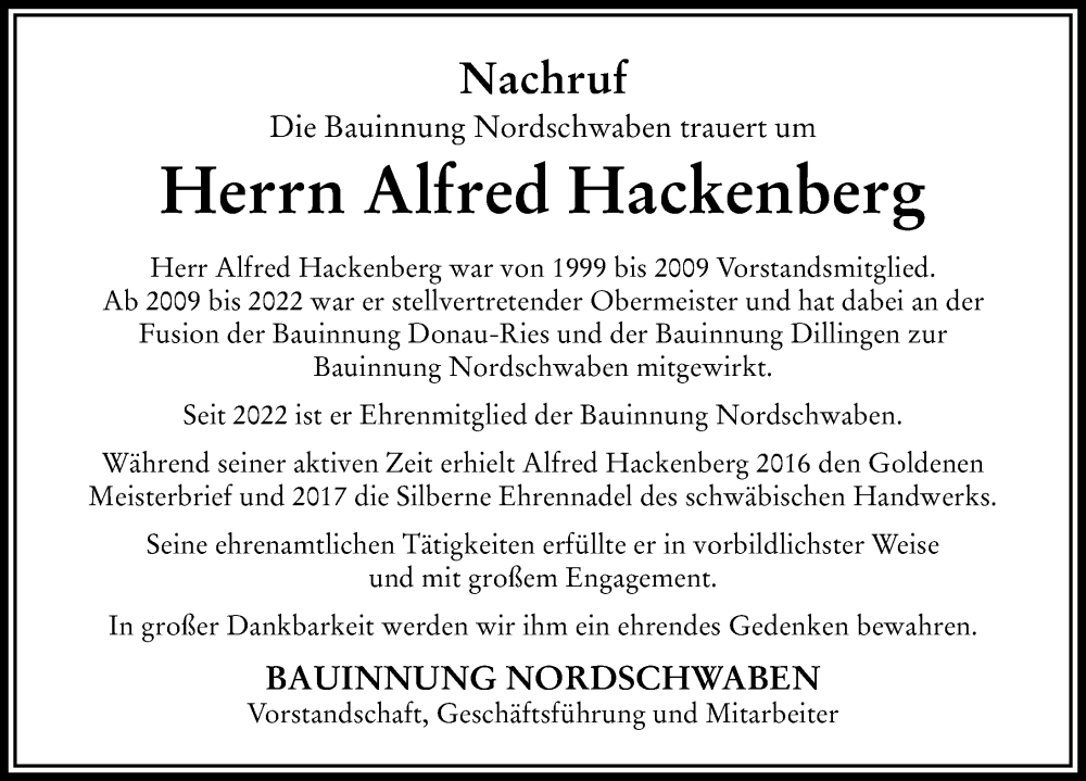 Traueranzeige von Alfred Hackenberg von Donauwörther Zeitung