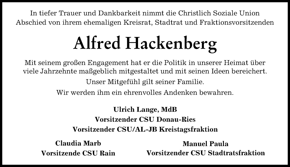 Traueranzeige von Alfred Hackenberg von Donauwörther Zeitung