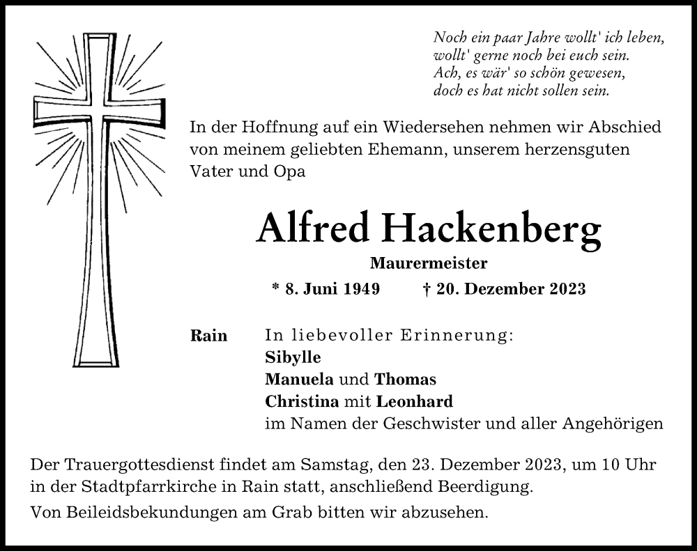 Traueranzeige von Alfred Hackenberg von Donauwörther Zeitung