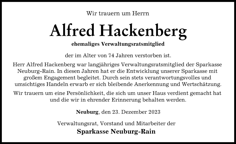 Traueranzeige von Alfred Hackenberg von Neuburger Rundschau, Donauwörther Zeitung