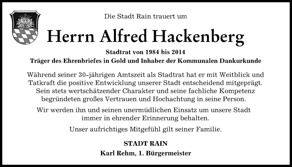 Traueranzeige von Alfred Hackenberg von Neuburger Rundschau, Donauwörther Zeitung