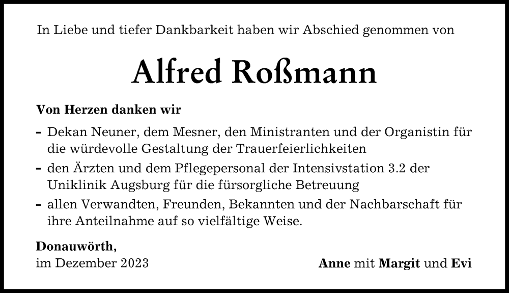 Traueranzeige von Alfred Roßmann von Donauwörther Zeitung