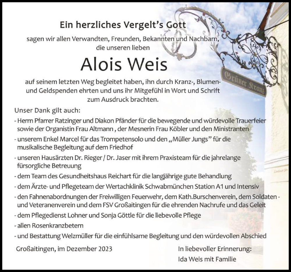  Traueranzeige für Alois Weis vom 16.12.2023 aus Schwabmünchner Allgemeine