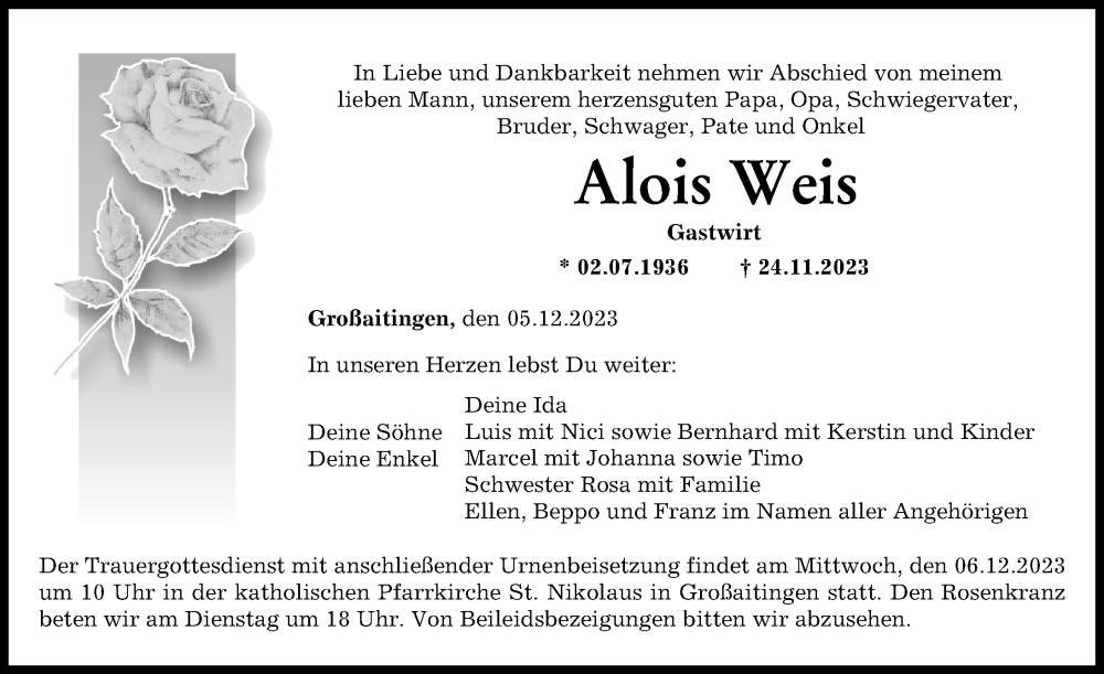  Traueranzeige für Alois Weis vom 05.12.2023 aus Schwabmünchner Allgemeine