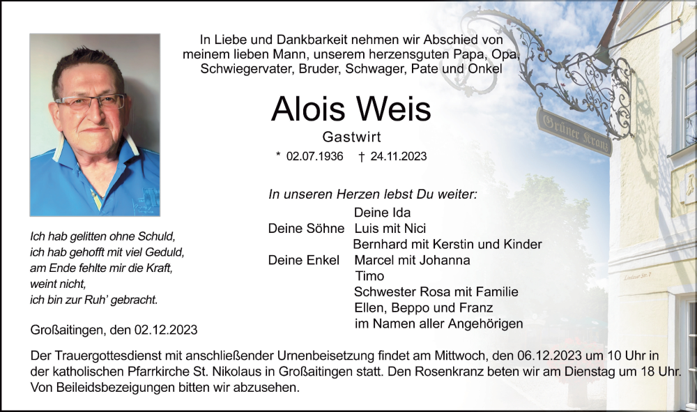  Traueranzeige für Alois Weis vom 02.12.2023 aus Schwabmünchner Allgemeine