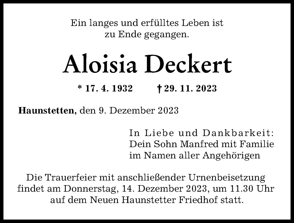  Traueranzeige für Aloisia Deckert vom 09.12.2023 aus Augsburger Allgemeine