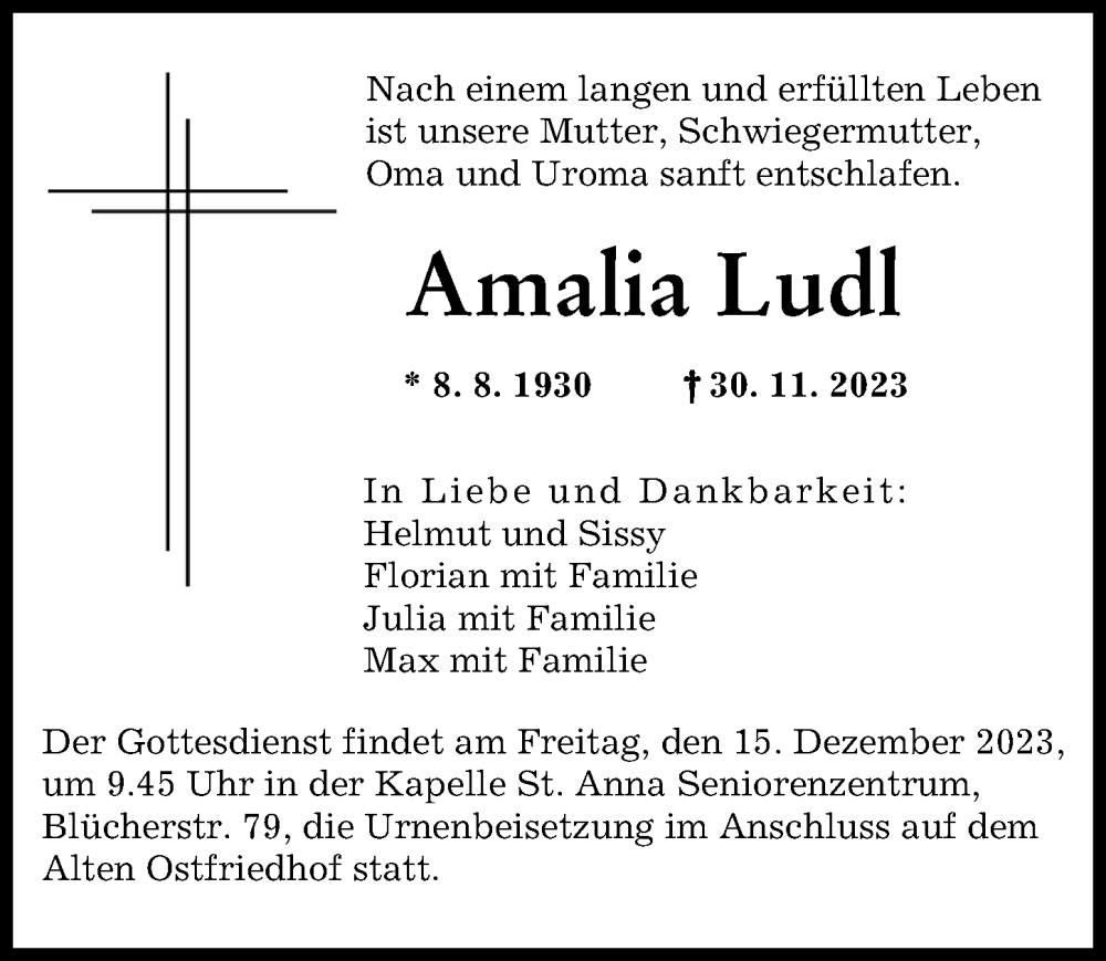  Traueranzeige für Amalia Ludl vom 09.12.2023 aus Augsburger Allgemeine