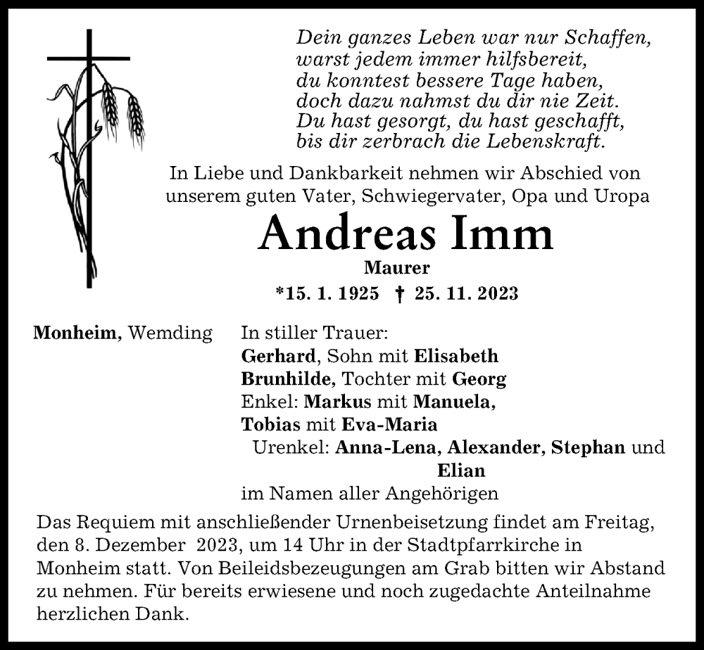  Traueranzeige für Andreas Imm vom 05.12.2023 aus Donauwörther Zeitung