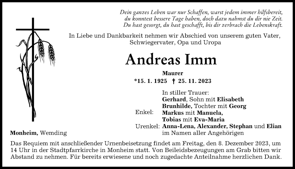  Traueranzeige für Andreas Imm vom 07.12.2023 aus Donauwörther Zeitung