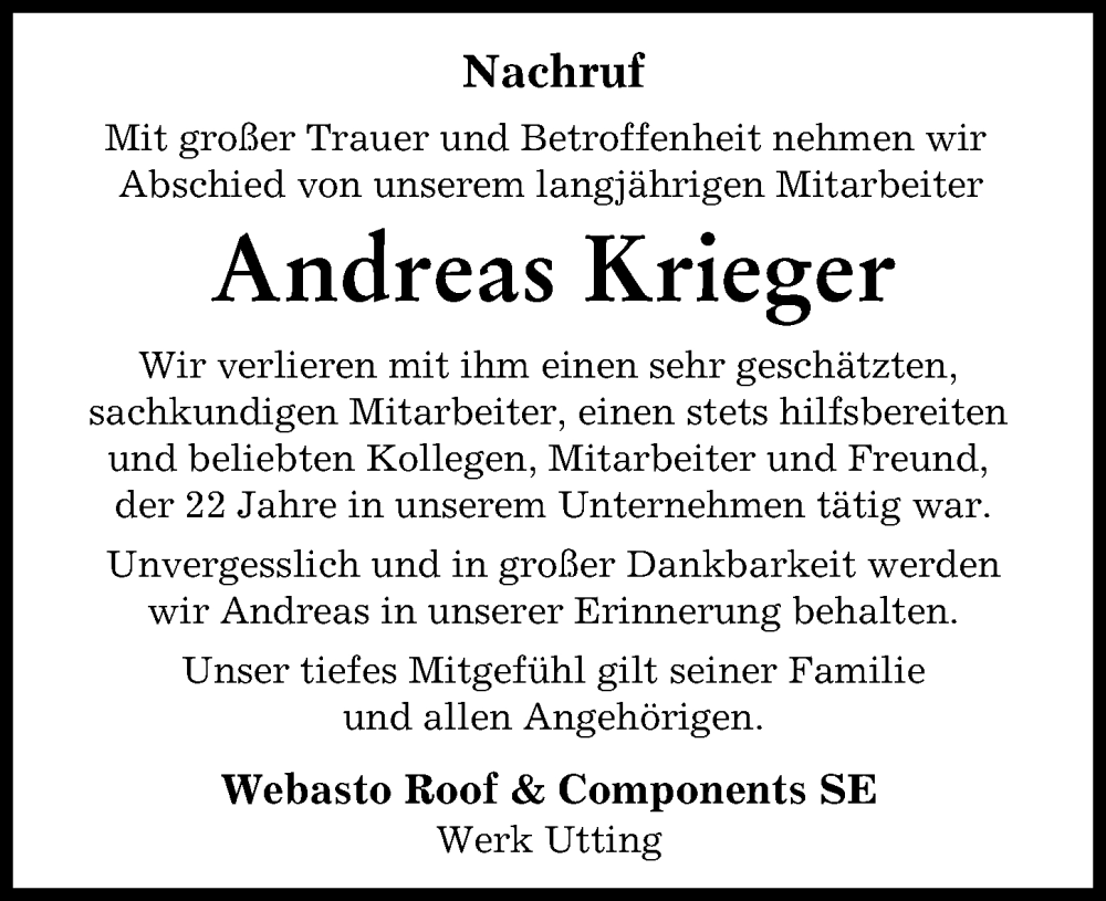 Traueranzeige von Andreas Krieger von Landsberger Tagblatt