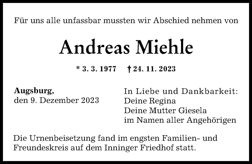  Traueranzeige für Andreas Miehle vom 09.12.2023 aus Augsburger Allgemeine