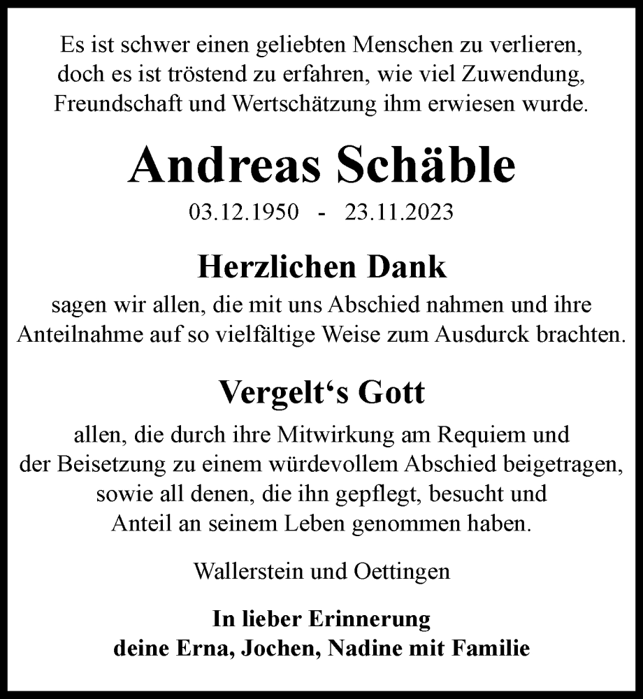  Traueranzeige für Andreas Schäble vom 18.12.2023 aus Rieser Nachrichten