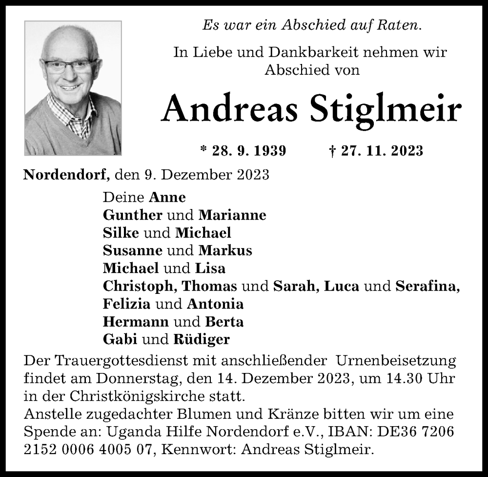  Traueranzeige für Andreas Stiglmeir vom 09.12.2023 aus Augsburg-Land