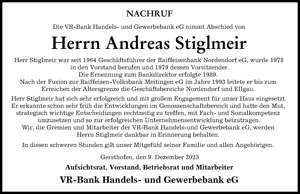  Traueranzeige für Andreas Stiglmeir vom 09.12.2023 aus Wertinger Zeitung, Augsburg-Land
