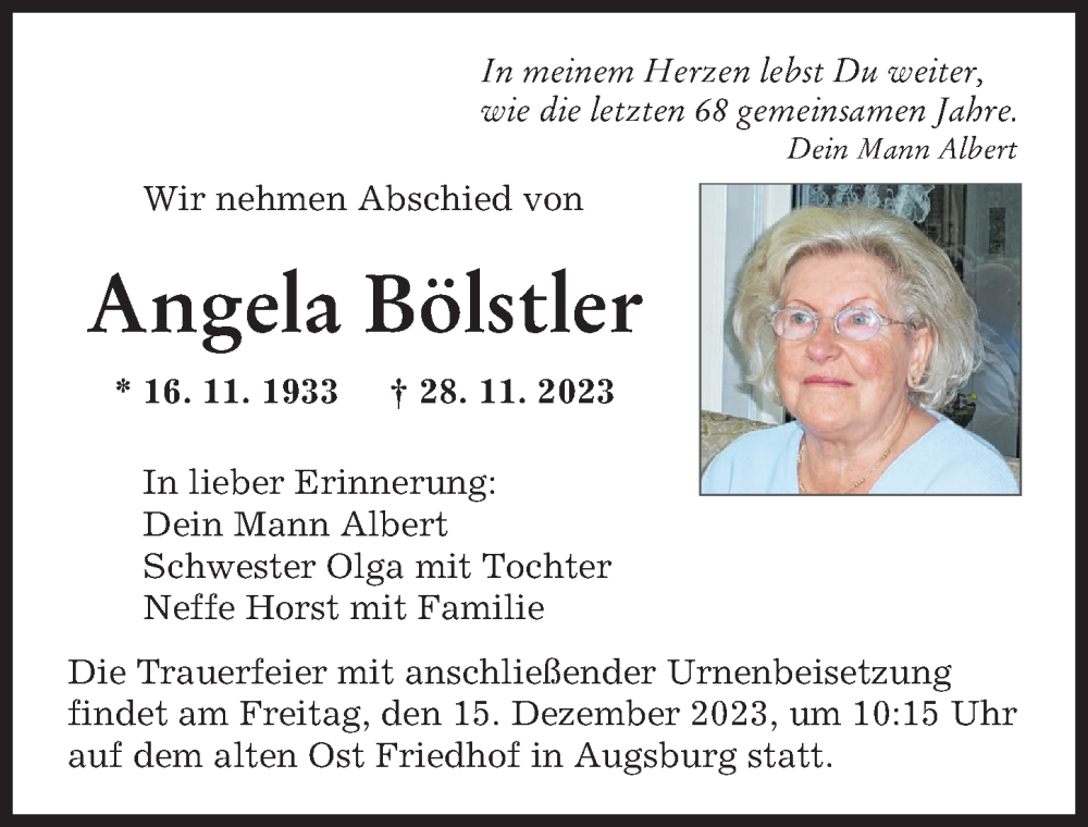 Traueranzeige von Angela Bölstler von Augsburger Allgemeine