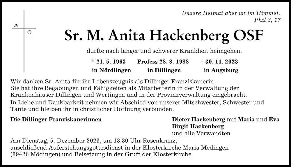  Traueranzeige für Anita Hackenberg vom 04.12.2023 aus Rieser Nachrichten, Donau Zeitung