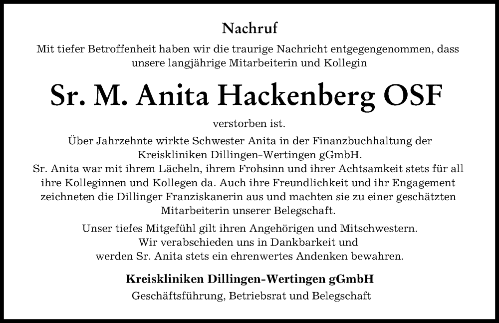  Traueranzeige für Anita Hackenberg vom 07.12.2023 aus Donau Zeitung