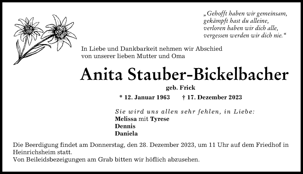 Traueranzeige von Anita Stauber-Bickelbacher von Neuburger Rundschau