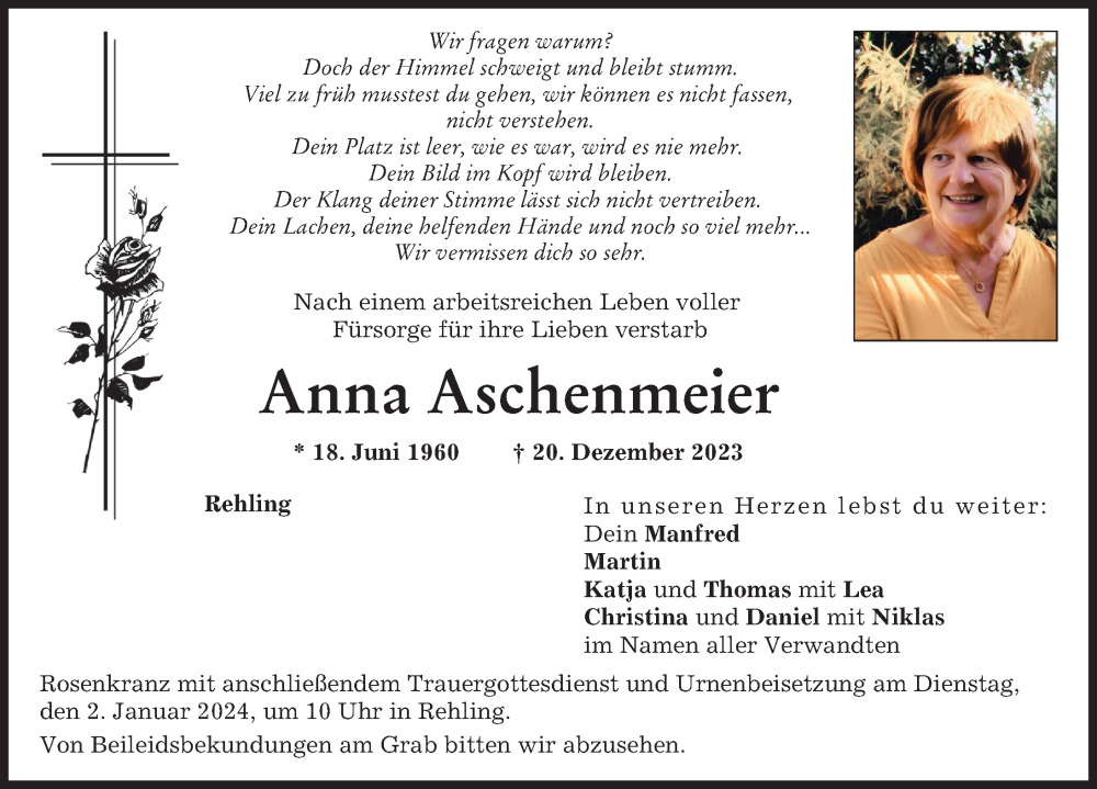  Traueranzeige für Anna Aschenmeier vom 28.12.2023 aus Aichacher Nachrichten