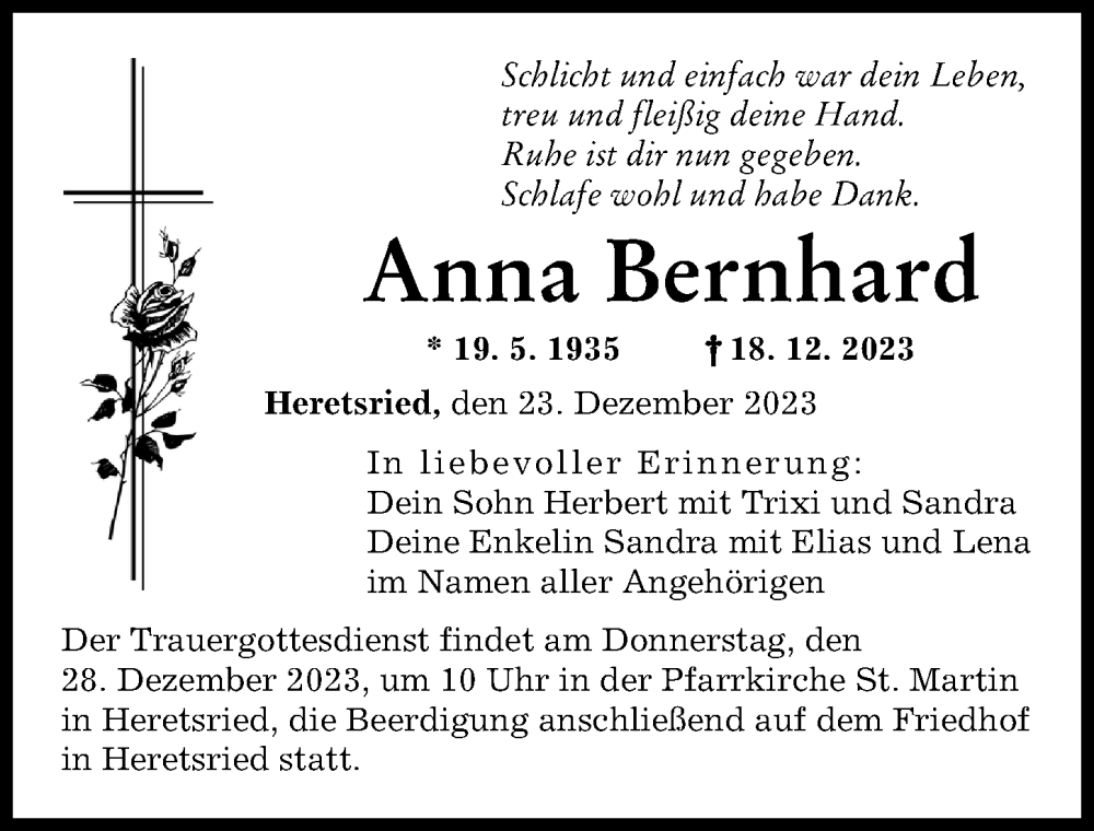 Traueranzeige von Anna Bernhard von Augsburger Allgemeine