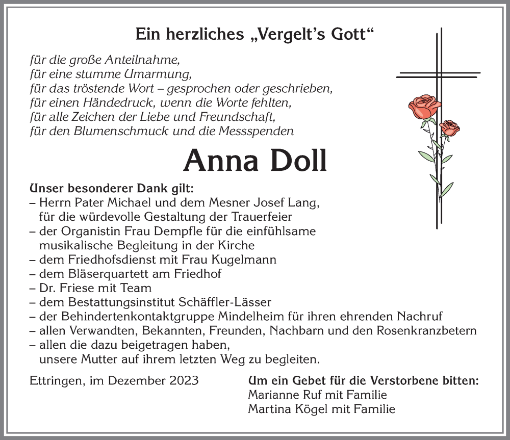 Traueranzeige von Anna Doll von Mindelheimer Zeitung